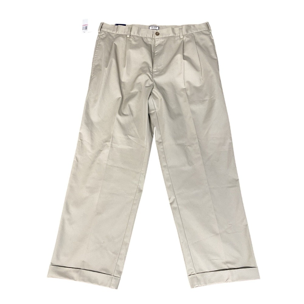 IZOD Wrinkle Free Khaki Dress Pants 40x30 Double Pleat 100% Cotton NWT